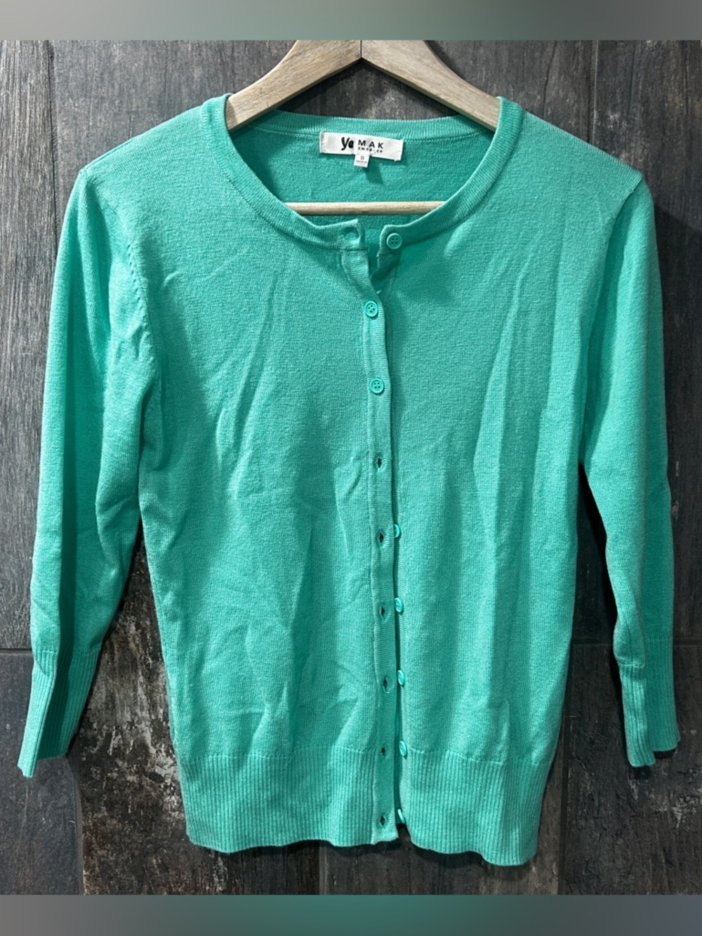 Women's Teal Button-Front Crew 3/4 Sleeve Cardigan